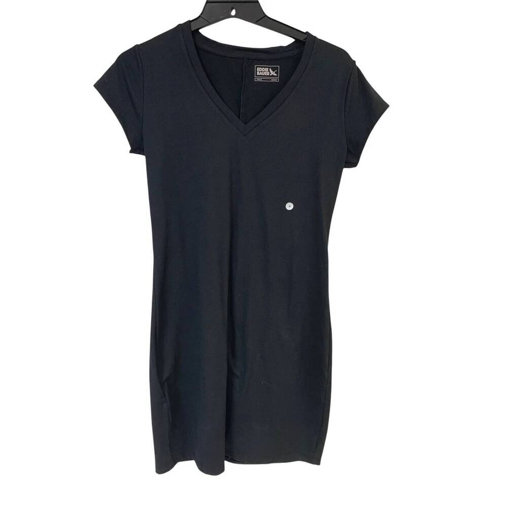 NEW EDDIE BAUER women's aster short sleeve v neck polyester midi dress in black